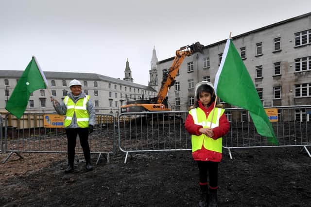 Start of demolition of the former nurses home building at Leeds General Infirmary. Patricia Taylor President of the LGI Nurses League is pictured with seven year old design competition winner  Violet Lawson Chhokar.
Picture by Simon Hulme