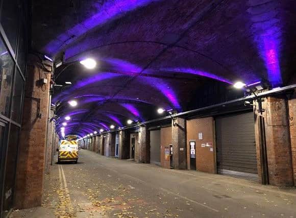 The rays of purple light will beam from Leeds railway station’s historic Dark Arches on Thursday (photo: Network Rail)