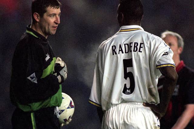 Nigel Martyn talks with Lucas Radebe during a game against Tottenham Hotspur at Elland Road. PIC: Varley Picture Agency