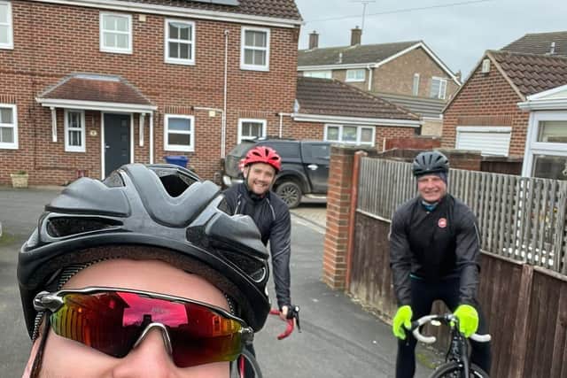 Detour: Castleford Tigers' Oliver Holmes, left, with fellow riders Nathan Massey and Garreth Carvell, right, who ended up getting lost on a recent ride.