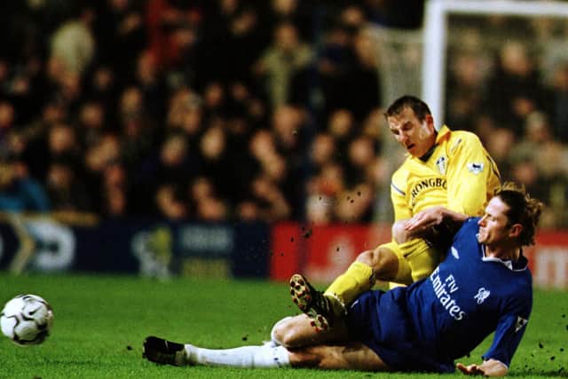 FIERY FIXTURE: Lee Bowyer gets stuck in to Emmanuel Petit during the Premiership clash between Leeds United and Chelsea at Stamford Bridge back in January 2002. Photo by Ben Radford/Getty Images.