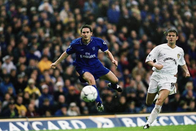 HISTORY: Former Chelsea midfielder and now Blues boss Frank Lampard fires in a shot chased by Leeds United's Eirik Bakke during the Premiership clash at Elland Road in October 2001. Picture by Michael Steele /Allsport via Getty Images.