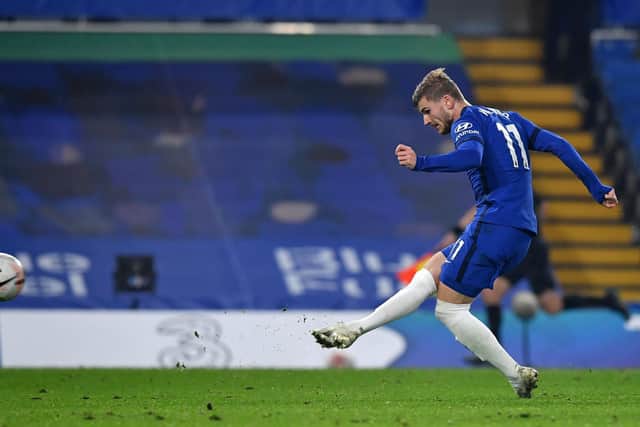 MARKET LEADER: Chelsea's Timo Werner is favourite to score first despite Tammy Abraham having played upfront of late and despite Olivier Giroud's four-goal haul in the Champions League. Photo by BEN STANSALL/POOL/AFP via Getty Images.