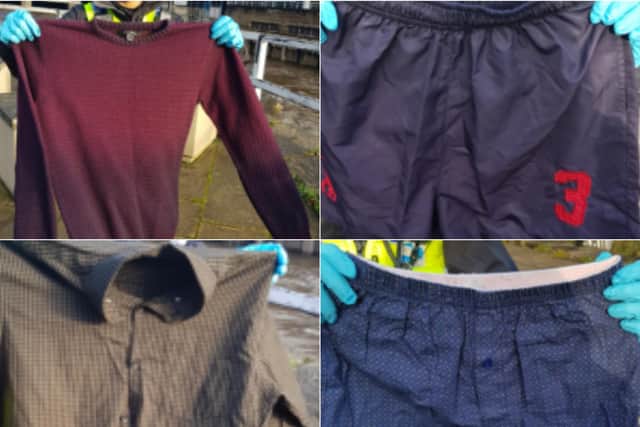 Police want to trace the owner of these clothes which were dumped in a bin in Leeds cit centre. Photos: West Yorkshire Police.