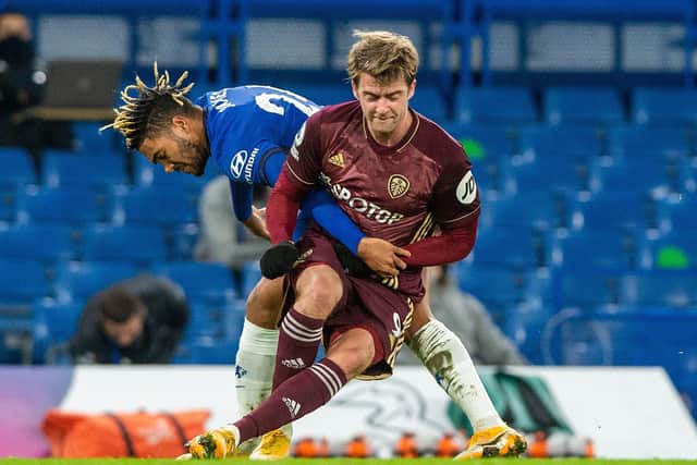 Patrick Bamford gets in a tangle with Reece James. Picture: Bruce Rollinson.
