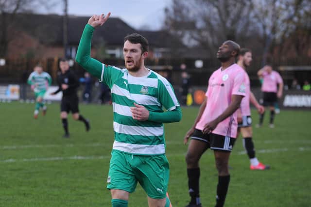 Farsley Celtic's Jimmy Spencer celebrates scoring his side's opening goal in their 2-0 victory over AFC Telford yesterday. Picture: Steve Riding.