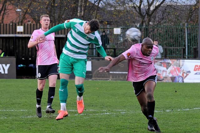 Jimmy Spencer heads Farsley Celtic in front against AFC Telford yesterday. Picture: Steve Riding.