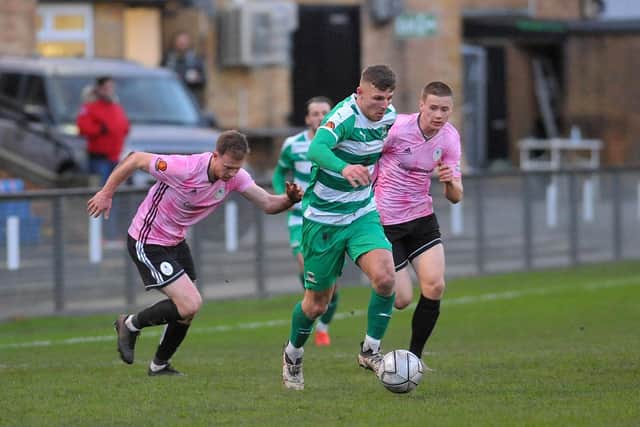 Tyler Walton on the attack for Farsley Celtic against AFC Telford. Picture: Steve Riding.