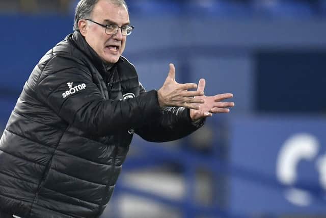 Leeds United manager Marcelo Bielsa gestures on the touchline during the Premier League match at Goodison Park (photo: PA/Peter Powell).