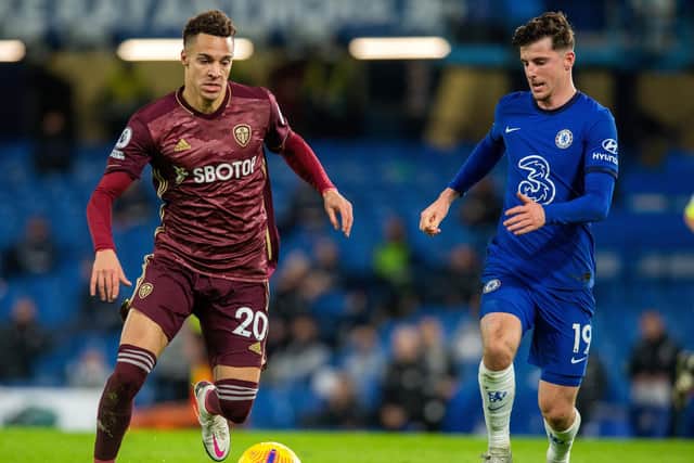 Leeds United's Rodrigo takes on Mason Mount at Stamford Bridge. Pic: Bruce Rollinson