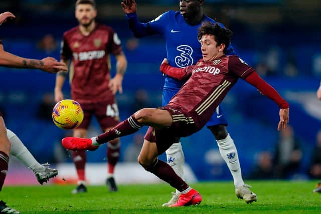 LESSON LEARNED? Ian Poveda, pictured here up against Chelsea's N'Golo Kante, was caught by Ben Chilwell in the penalty area but stayed on his feet and Leeds United were not given a penalty. Pic: Getty