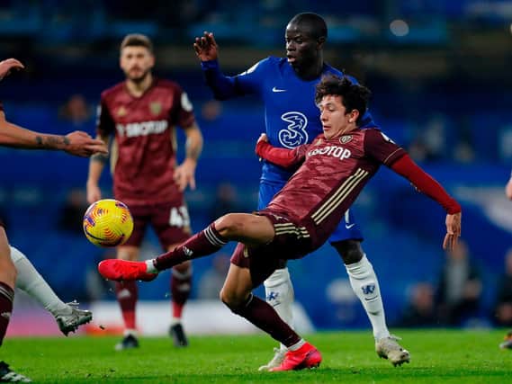 LESSON LEARNED? Ian Poveda, pictured here up against Chelsea's N'Golo Kante, was caught by Ben Chilwell in the penalty area but stayed on his feet and Leeds United were not given a penalty. Pic: Getty