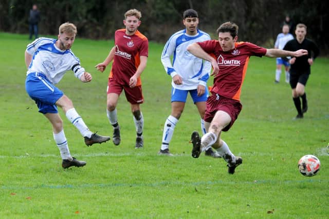 Adam Chapman, of Kirkstall Crusaders, tries his luck in front of goal against hosts Bardsey. Picture: Steve Riding.