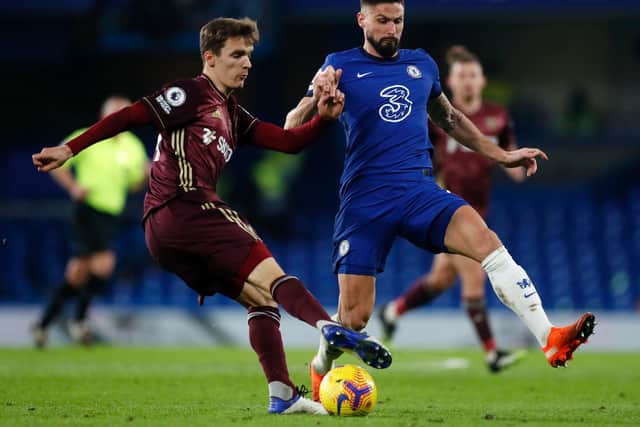 NEW BOY - Diego Llorente had a baptism of fire, coming off the bench early in Leeds United's game at Chelsea to face a star-studded attacking line-up including Olivier Giroud. Pic: Getty