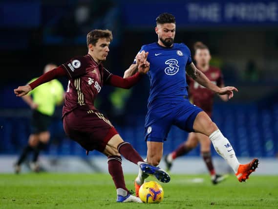 NEW BOY - Diego Llorente had a baptism of fire, coming off the bench early in Leeds United's game at Chelsea to face a star-studded attacking line-up including Olivier Giroud. Pic: Getty