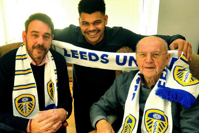 Jack Hannan pictured with his son Tony and grandson  Harry Hannan ahead of the  VIP day at Leeds United's centenary game versus Birmingham in October 2019