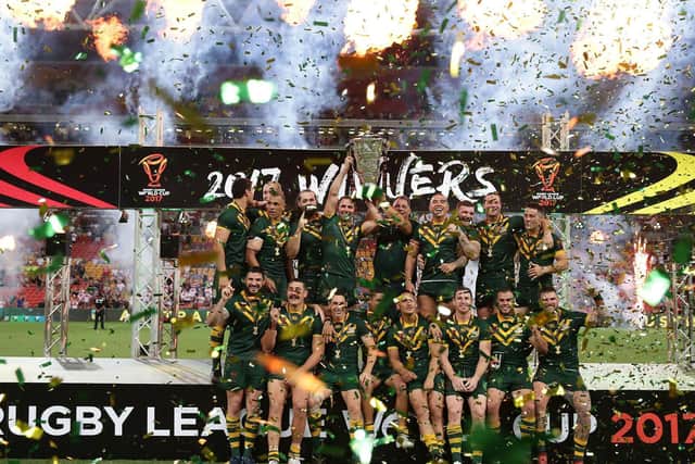 The Kangaroos celebrate with the trophy after winning the 2017 Rugby League World Cup Final between the Australian Kangaroos and England at Suncorp Stadium on December 2, 2017 in Brisbane, Australia. (Photo by Matt King/Getty Images)