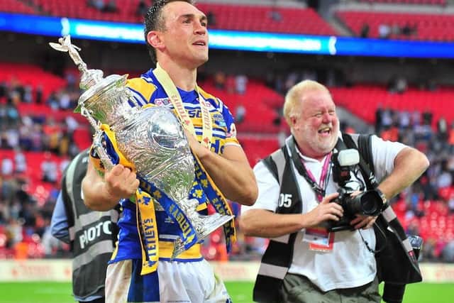 Kevin Sinfield with the Challenge Cup after the victory over Castleford Tigers at Wembley in 2014. Picture: Ste Jones.