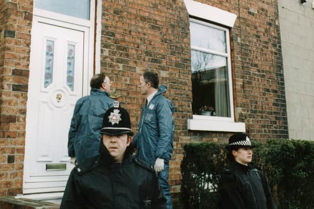 Crime scene at Wendy Speakes' home on Balne Lane, Wakefield, after the murder in March 1994.