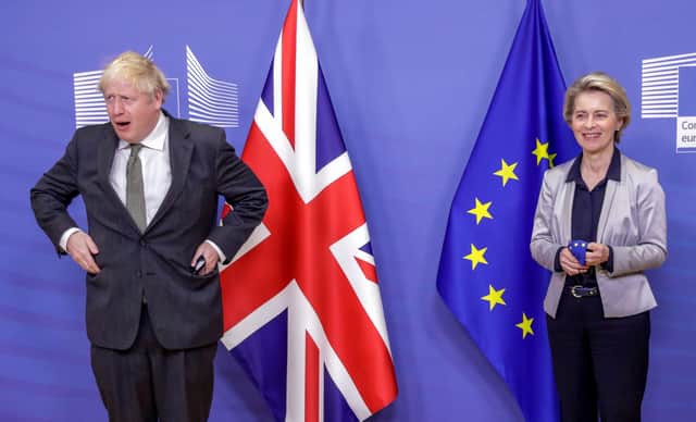 Boris Johnson and European Commission President Ursula von der Leyen meet in the Berlaymont building at the EU headquarters in Brussels prior to a post-Brexit talks' working dinner. Picture: Olivier Hoslet/Pool/AFP via Getty Images