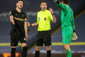 Declan Rice (L) complains about Leeds United's early penalty retake. Pic: Bruce Rollinson