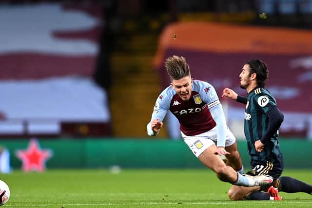 MOST FOULED: Aston Villa's England international midfielder Jack Grealish is sent to ground by Leeds United's Pascal Struijk in October's 3-0 loss at home to the Whites. Picture by Laurence Griffiths/PA Wire.