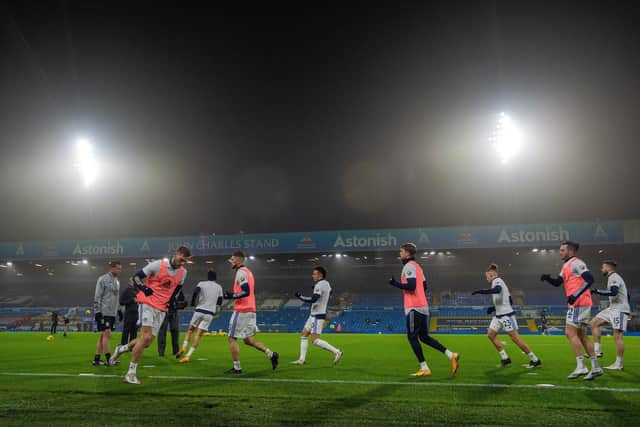 SHARP FOCUS: Leeds United warm up under the new floodlights at Elland Road before Friday night's 2-1 loss against West Ham United. Picture by Bruce Rollinson.