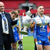 Leeds Rhinos coach Richard Agar and captain Luke Gale with the Challenge Cup at Wembley two months ago. Picture by Michael Steele/Getty Images.