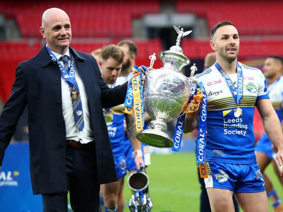 Leeds Rhinos coach Richard Agar and captain Luke Gale with the Challenge Cup at Wembley two months ago. Picture by Michael Steele/Getty Images.