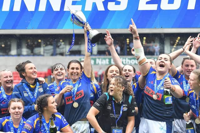 Rhinos celebrate their win over Castleford in the 2019 Women's Challenge Cup final. Picture by Dave Howarth/PA Wire.