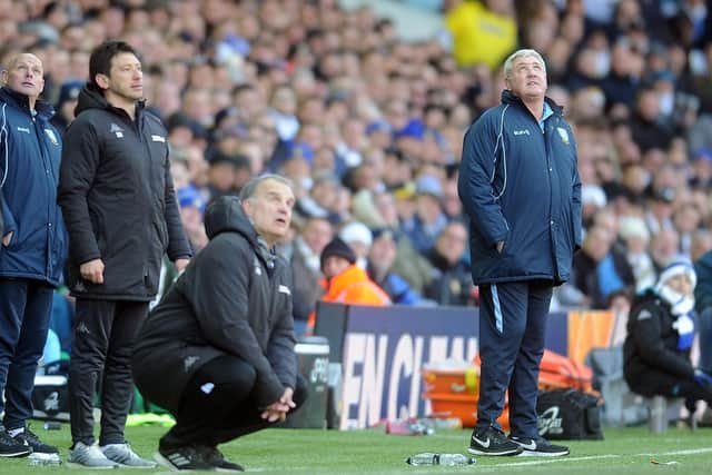 FIRST MEETING: Marcelo Bielsa and Steve Bruce on the Elland Road touchline as Leeds United defeat Championship visitors Sheffield Wednesday back in April 2019. Picture by Tony Johnson.