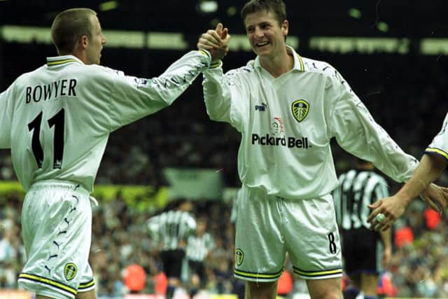 Michael Bridges celebrates his winner for Leeds United against Newcastle. Pic: Varley Picture Agency