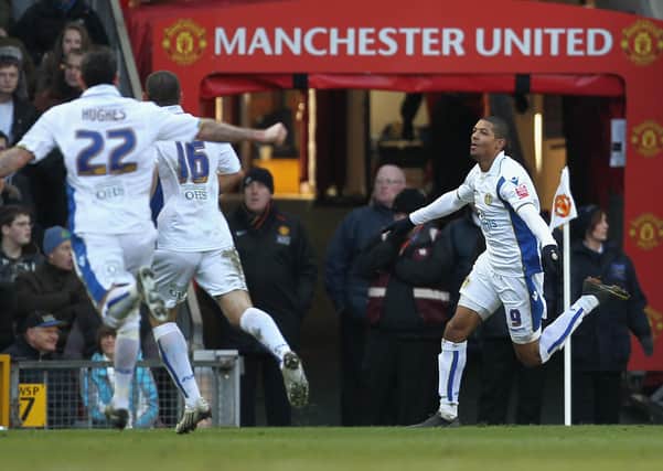 Jermaine Beckford celebrates scoring Leeds United's winner at Old Trafford in the FA Cup in January 2010. Picture: Alex Livesey/Getty Images.