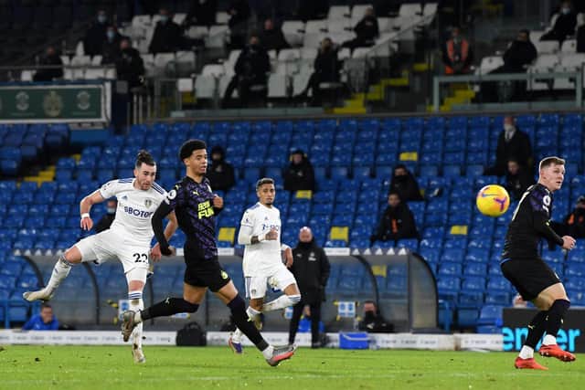UNSTOPPABLE: Leeds United winger Jack Harrison's thunderous strike heads for the top right corner in the 88th minute. Photo by Stu Forster/Getty Images.