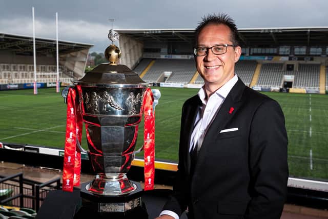 Tournament chief executive Jon Dutton with the rugby league World Cup. Picture by Alex Whitehead/SWpix.com.