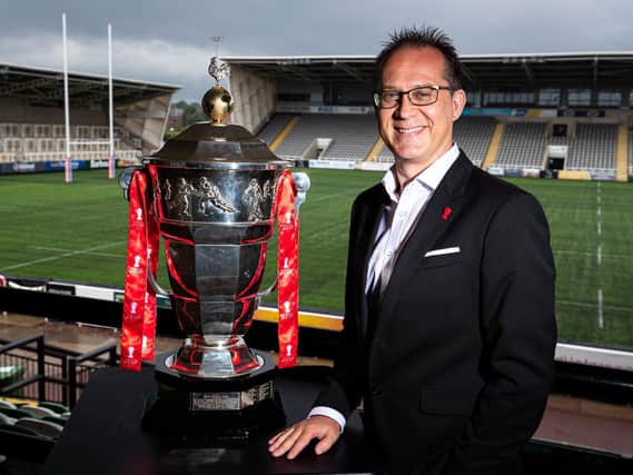 Tournament chief executive Jon Dutton with the rugby league World Cup. Picture by Alex Whitehead/SWpix.com.