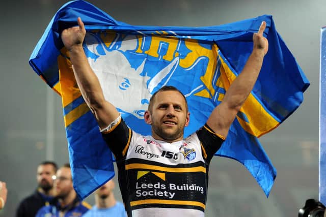 MAGIC MOMENT: Rob Burrow salutes the Leeds Rhinos fans after beating Castleford Tigers to win the Super League Grand Final at Old Trafford in October 2017.  Picture: Bruce Rollinson