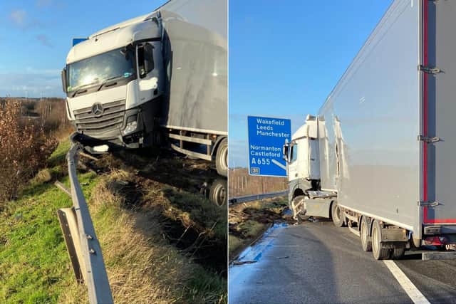 The lorry slammed into the barrier on the M62