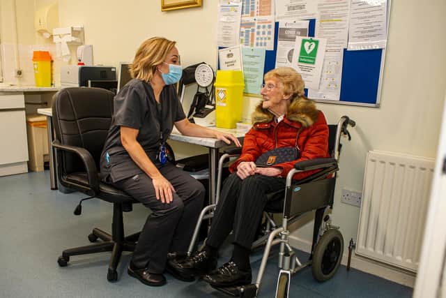 103-year-old Marjorie Patterson, who is one of the oldest patients in Leeds to get the Covid-19 vaccine, with Andrea Mann, clinical director for the Cross Gates Primary Care Network (Image: Tony Johnson)