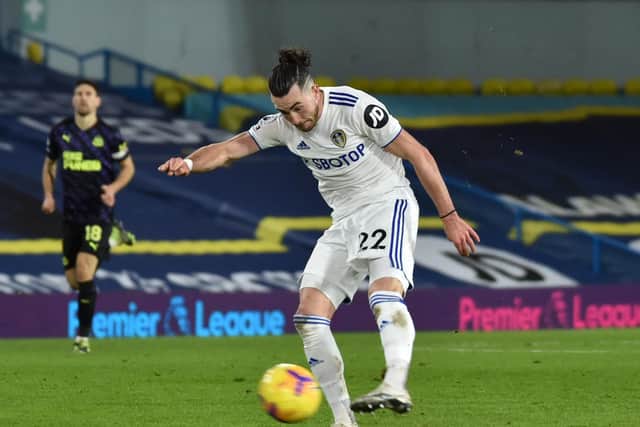 'WONDER GOAL': Jack Harrison lets fly for his sensational strike in Wednesday night's 5-2 blitz of Newcastle United and now David Prutton thinks the Whites can topple Manchester United at Old Trafford. Photo by Rui Vieira - Pool/Getty Images.