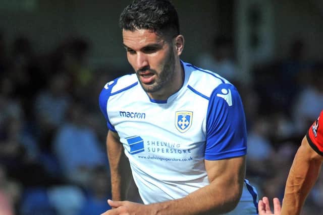 Guiseley's Hamza Bencherif conceded a penalty and was sent off in his side's 3-1 FA Trophy defeat at Stockport County. Picture: Steve Riding.