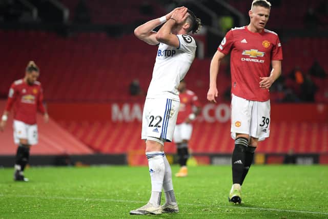 Wasteful Jack Harrison knows he should have done better with this chance against Manchester United. Picture: Michael Regan/Getty Images.