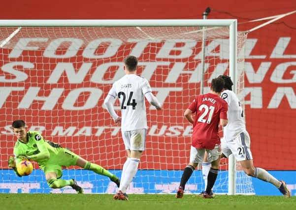 Man of the match contender Illan Meslier saves a shot from Manchester United's Daniel James. Picture: Michael Regan/Getty Images.