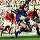 SO CLOSE: Mark Viduka scores the goal that had Leeds United poised for a first league win at Manchester United in 20 years until Ole Gunnar Solskjaer netted with two minutes left. Picture by  Clive Brunskill/ALLSPORT via Getty Images.