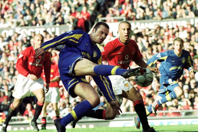 SO CLOSE: Mark Viduka scores the goal that had Leeds United poised for a first league win at Manchester United in 20 years until Ole Gunnar Solskjaer netted with two minutes left. Picture by  Clive Brunskill/ALLSPORT via Getty Images.