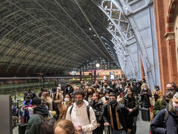 The scene in London on Saturday as passengers headed for the Leeds train. Photo: Harriet Clugston