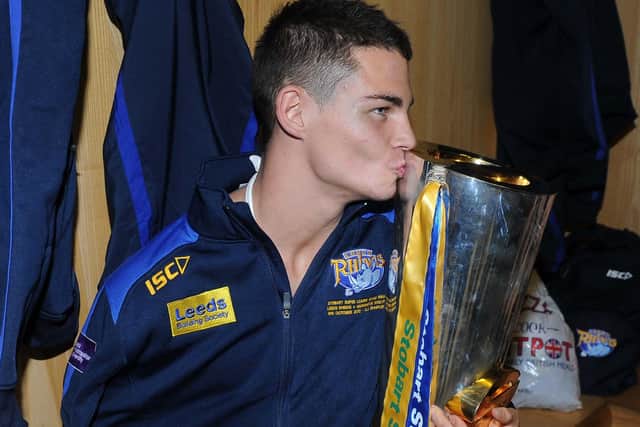 Stevie Ward with the Super League trophy after Leeds Rhinos' Grand Final victory over Warrington in 2012. Picture: Steve Riding.