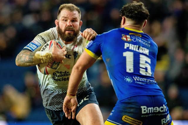 Adam Cuthbertson on the charge against Warrington Wolves. Picture: Bruce Rollinson.