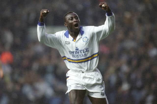 Tony Yeboah celebrates his hat-trick against Ipswich Town at Elland Road in April 1995. The Whites won 4-0.