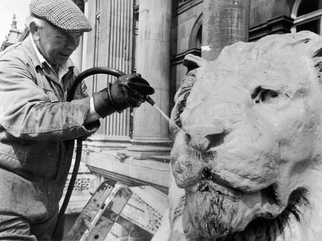 The Leeds Town Hall lions enjoy a hosedown in July 1972.